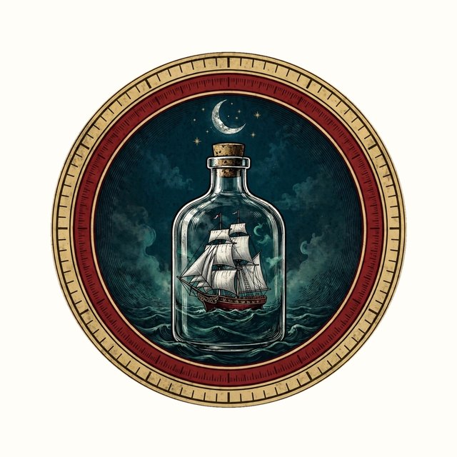 The Cold Ledger emblem: a tall ship in a bottle on night water under a crescent moon, ringed in maroon and gold.
