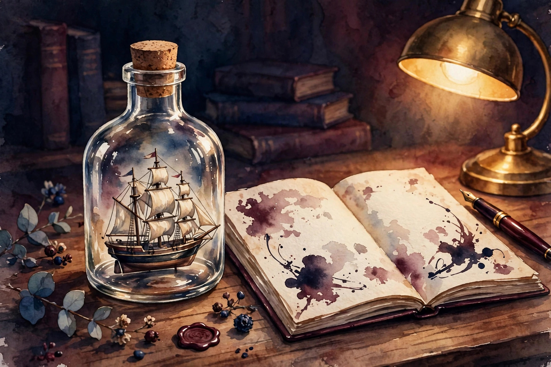 A painted ship in a bottle on a writer's desk beside an open manuscript, a fountain pen, and a brass lamp.
