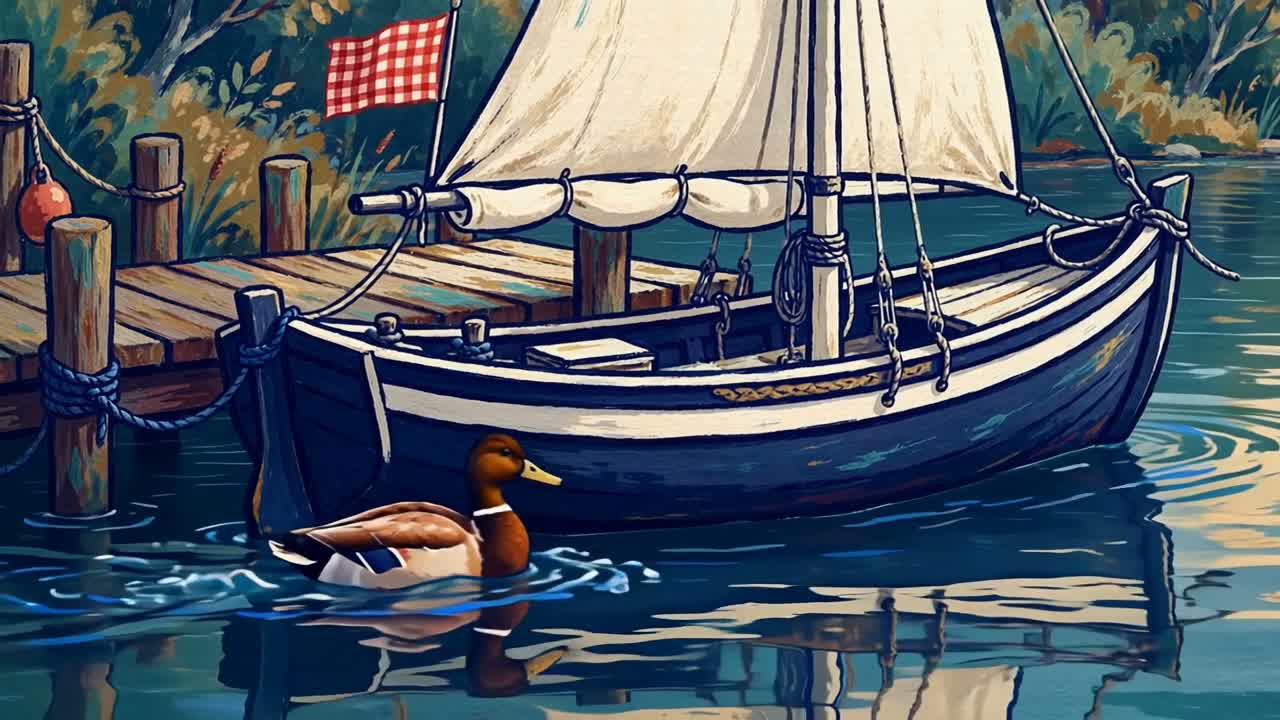 The Petrel at her dock: a small navy daysailer with a furled cream sail and a red-checked ensign, gold braid along her hull, a duck inspecting her from the teal water.