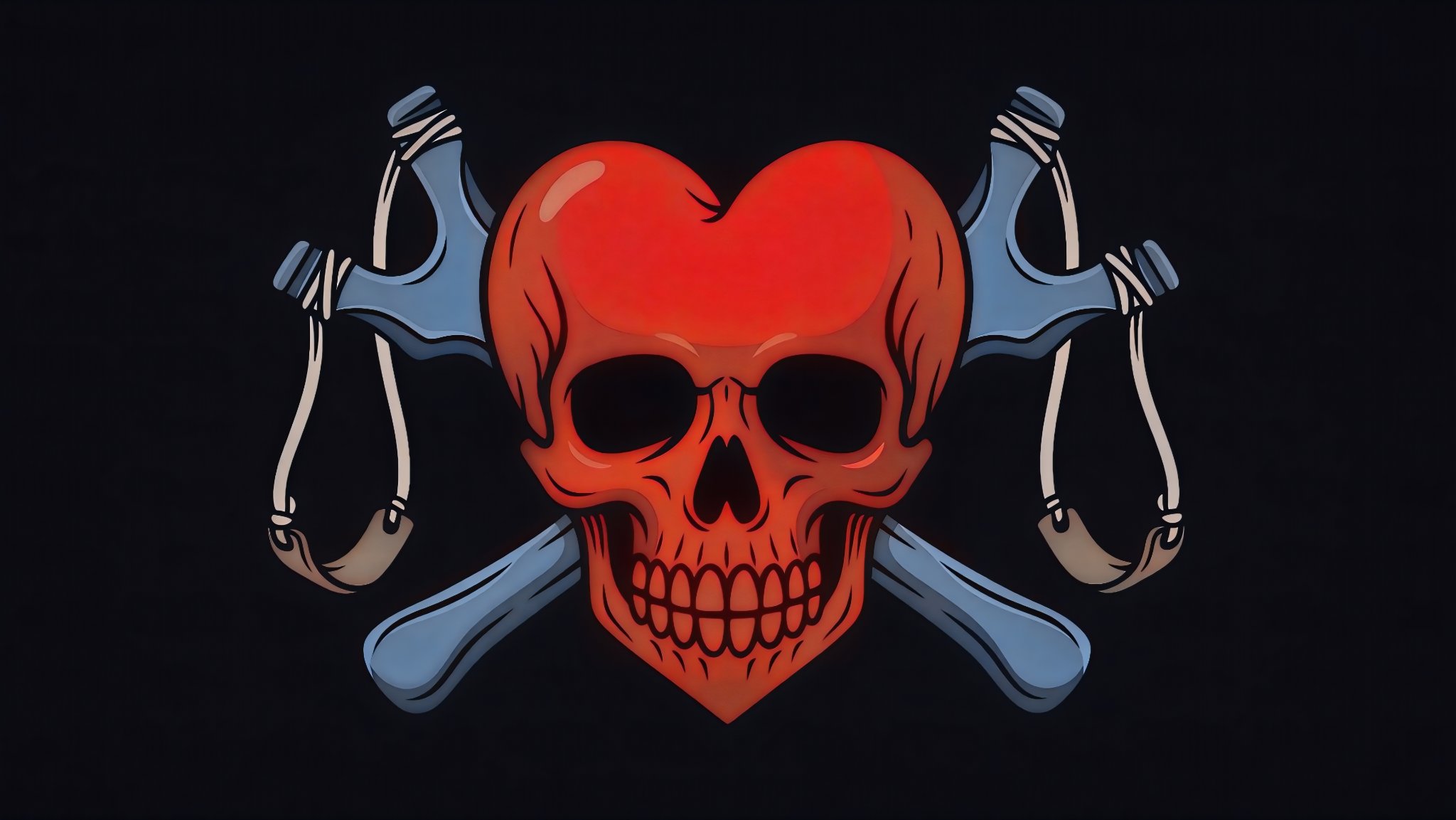 The Jolly Roger of the Heart Shot Pirates: a red heart-shaped skull with steel-blue crossed slingshots on a black field.