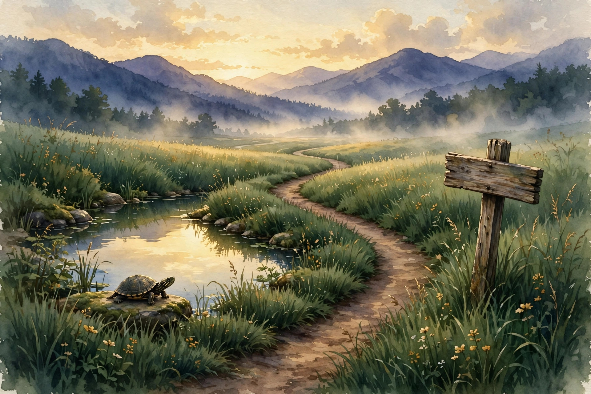 A painted watercolor landscape: a winding dirt route through tall meadow grass toward indigo mountains at dawn, a wooden signpost beside the path, and a small pond turtle resting on a rock by a still pond.