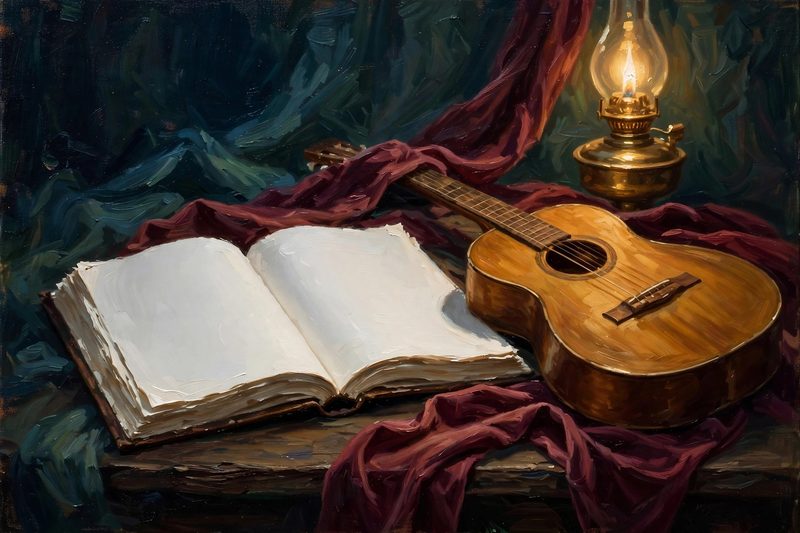 A painted still life: an open songbook and an acoustic guitar by lamplight, with a maroon cloth draped nearby.